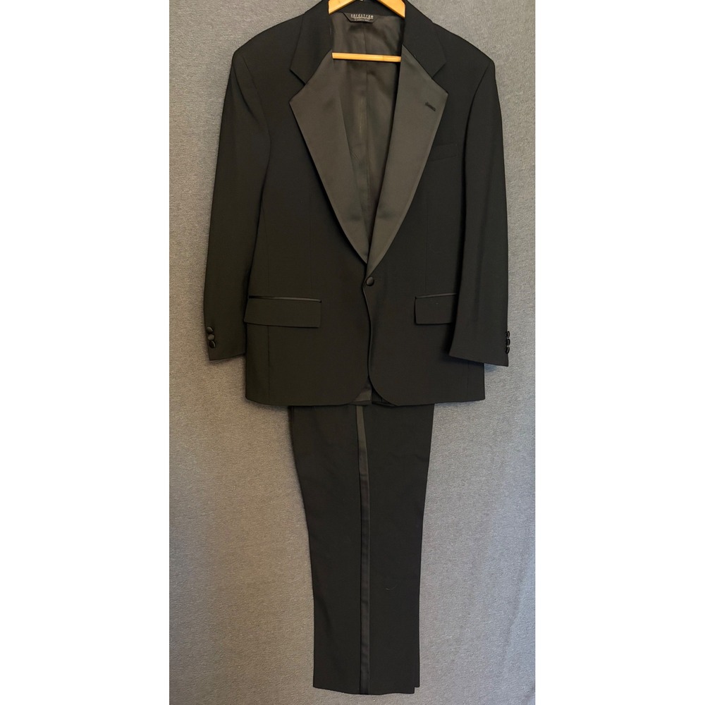 Nordstrom Black 2 Piece Tuxedo 41R 36 wool Suit Notch Lapel Satin Formal Wedding